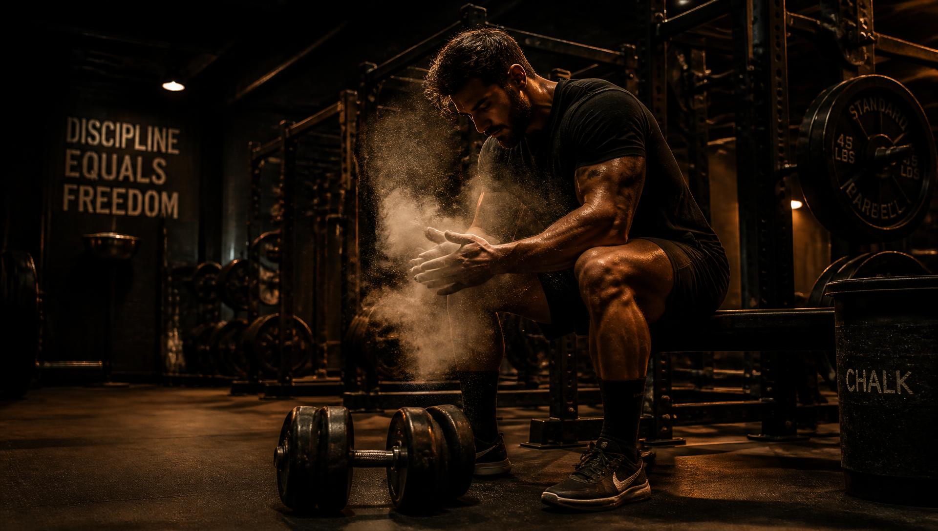 Athlete chalking up in the free weight area at Full Service Fitness Club
