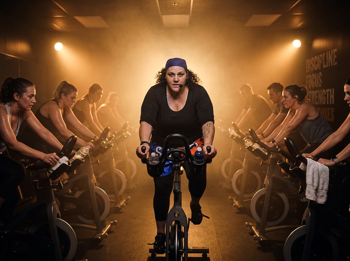 Laura Berardi instructing an indoor cycling class from the lead bike