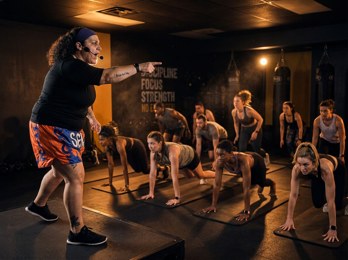 Laura Berardi leading a packed HIIT class from the front of the studio