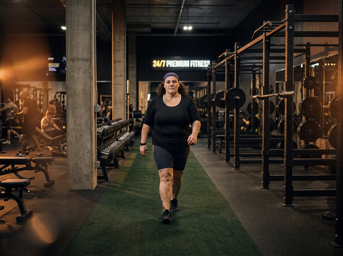 Laura Berardi walking the main training floor past squat racks and turf lanes