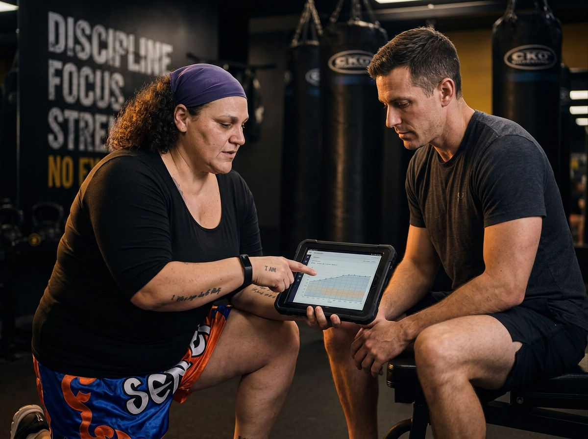 Laura Berardi reviewing a training program one-on-one with a member